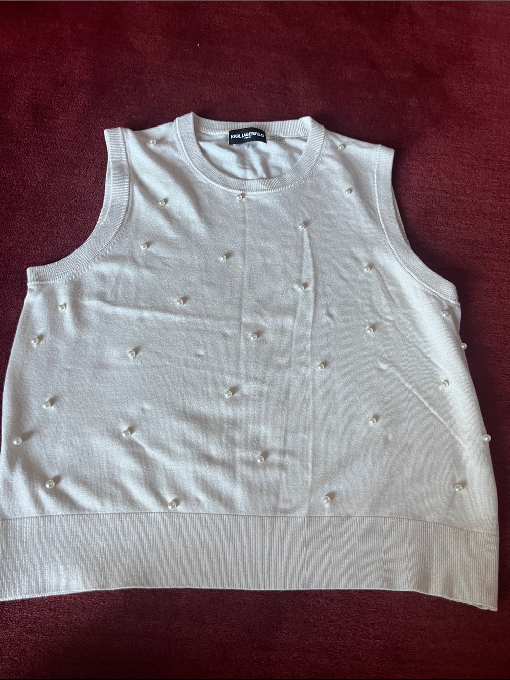 Karl Lagerfeld Ivory Pearl-Embellished Sleeveless Knit Top - Picture 3 of 5
